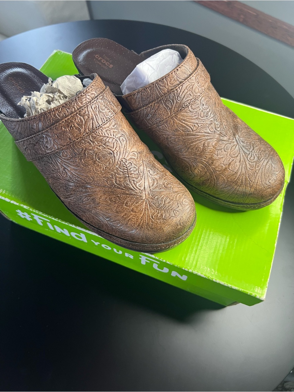Crocs Women's Embossed Leather Clogs Brown Size 10